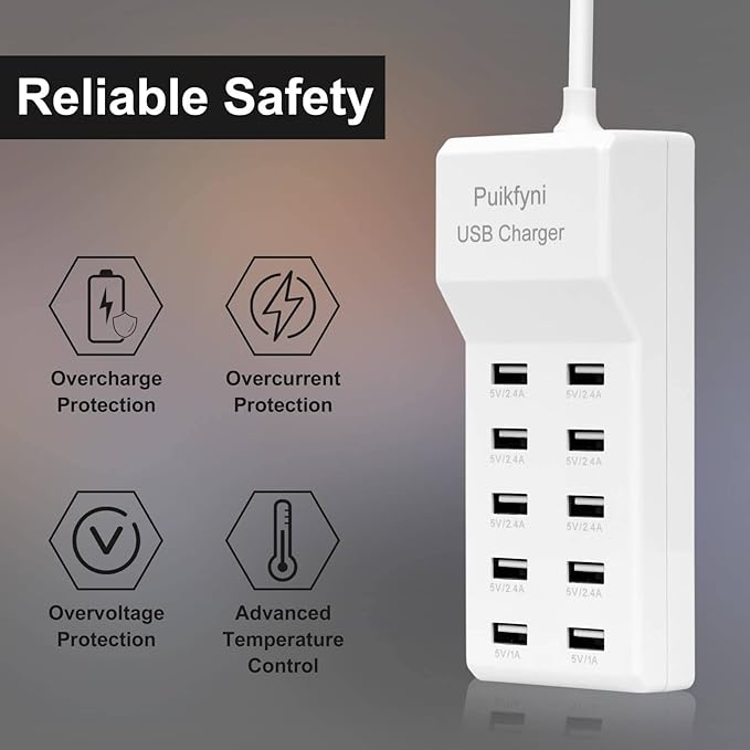 2 Pack 10-Ports USB Charger Station, Power Strips with Surge Protection，Smart USB Charger for Multiple Devices,Smart Watches ，Phones， Tablets for Home,Office,Travel(USB-A Port)