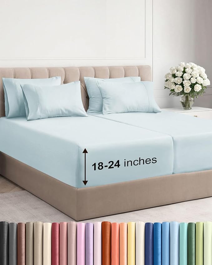 Extra Deep Split King Sheet Set - 7 Piece Breathable and Cooling Sheets - Hotel Luxury Bed Sheets Set - Easy Fit - Soft, Wrinkle Free and Comfy Sheets Set - Ice Blue Sheet Set with Extra Deep Pockets