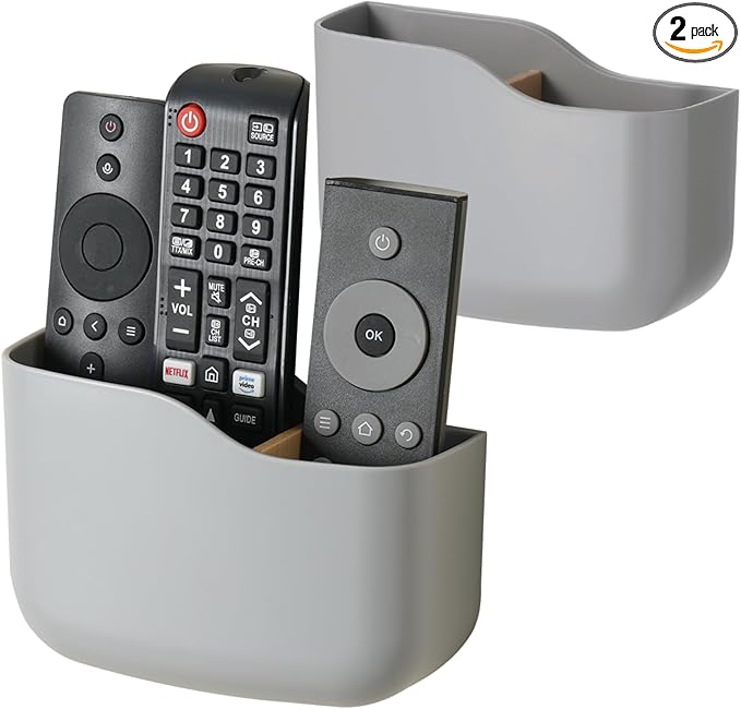 LINFIDITE 2 Pack TV Remote Holder Wall Mount Remote Control Holder for Bed Universal Bedside Wall Remote Holder Caddy Organizer Hole-Free Remote Control Holder (For 2 Or 3 Remote Controls–Gray