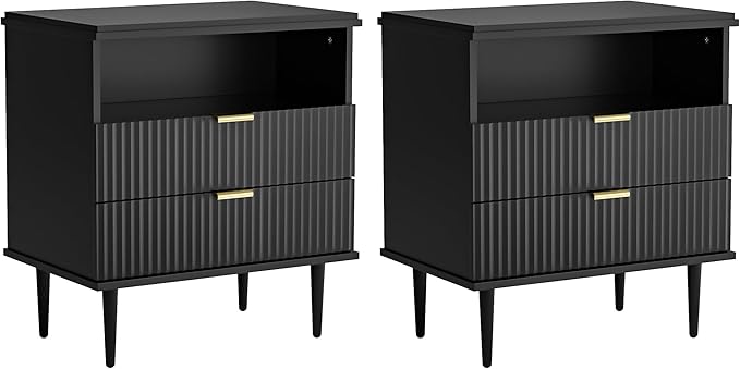 Nightstand with Charging Station, Wide Fluted Nightstand, Wood for Bedroom, Black Dresser with Storage Drawers, Bedside Table with Metal Handle & Leg (Black Set of 2, 23.3)