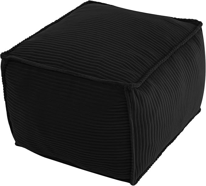 MeMoreCool Stuffed Pouf Ottoman Foot Rest Square, Corduroy Floor Pouf Foot Stool with Foam Chunk Filling, Soft Stuffed Ottoman Footrest for Living Room, Black