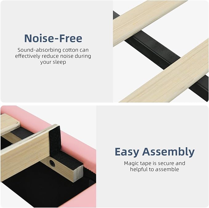 Full Size Bed Frame with LED Lights, Faux Leather Upholstered Platform Bed with Headboard and Wooden Slats Support, No Box Spring Needed, Noise-Free, Easy Assembly, Pink