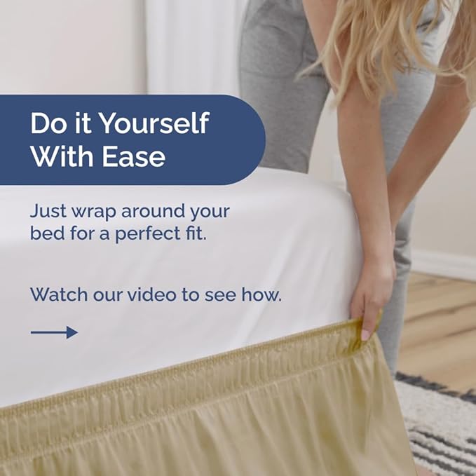 Wrap Around Dust Ruffle Bed Skirt - Beige - for Queen Size Beds w/ 14 Inch Drop - Easy Fit Elastic Strap - Adjustable Pleated Bedskirt w/Brushed Fabric, Wrinkle & Fade Free Women, Men, Kids & Teens