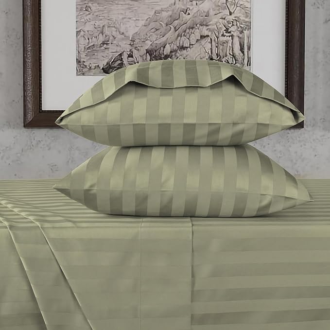 URBANHUT 800 Thread Count 100% Cotton Damask King Size Sheets, 4 Piece Striped King Size Bedsheets, Luxury Hotel Sheets Sateen Weave - Better Than Egyptian, 16" Elasticized Deep Pocket- Sage