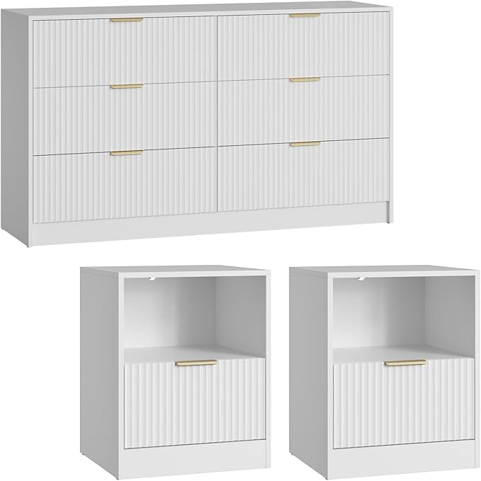 6 Drawer Dresser & Nightstand Set 3-Piece, 55” Wide Bedroom Set Night Stand Set of 2 with Metal Handle, Fluted Modern Wood Chest of Drawers Storage Dressers Set for Bedroom, White