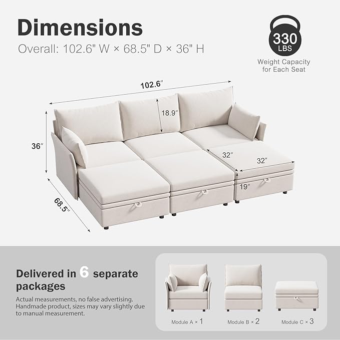 ABCASA 102.6" Luxury Modular Sleeper Sofa Bed 6 Seat Reversible Sectional Couch Deep Seat with Storage Chaises Removable Cover for Living Room, Apartment - Chenille Terracotta White