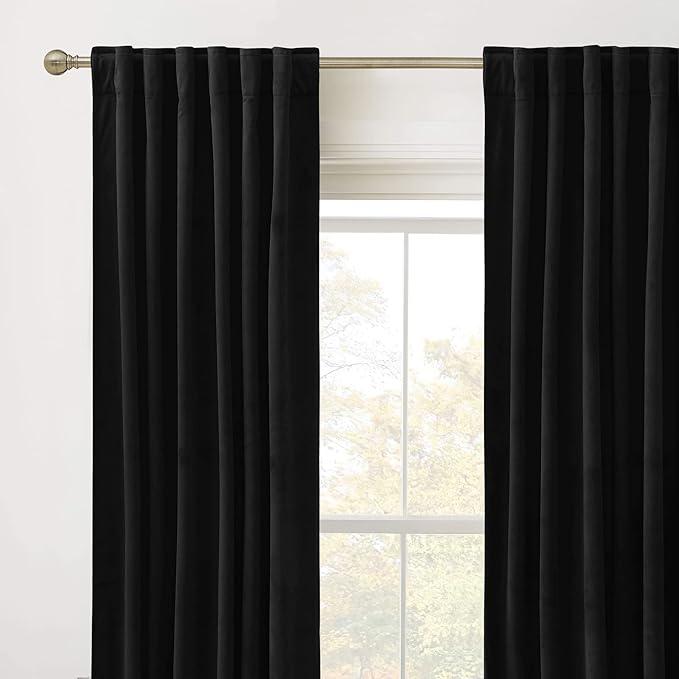 RYB HOME Black Velvet Curtains 102 inches, Back Tab Soft Fabric Blackout Thermal Insulated Luxurious Home Decor Curtains for Living Room Bedroom, W 52" x L 102", 2 Panels Set