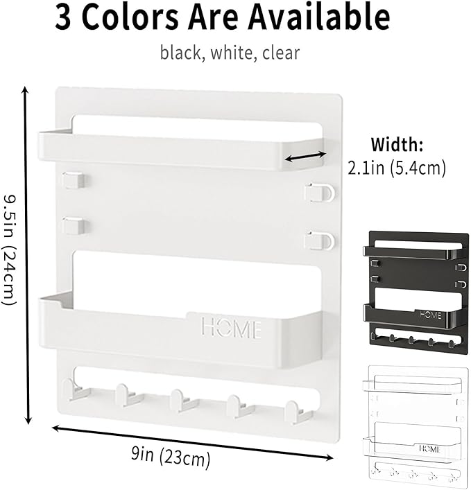 Adhesive Bedside Wall Shelf Organizer with 5 Hooks and Cable Clips, Plastic Wall Storage Holder for Phone, Remote Control, Earphone, Kindle, Keys – Bedroom, Dorm, RV (Black)