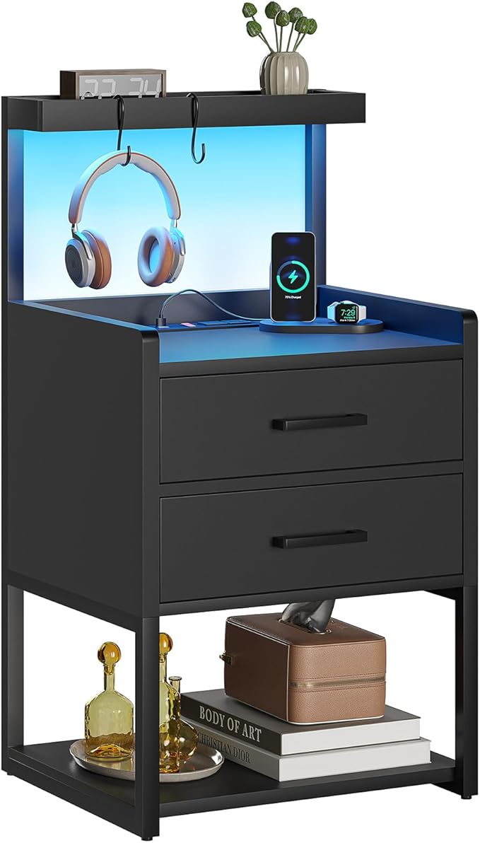 VIAGDO Nightstand with Charging Station and LED Lights, Black Bedside Night Stands with 2 Drawers and Open Storage Shelves, Modern End Side Tables for Bedroom,Office