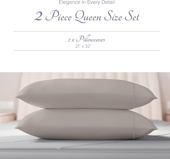 Carressa Linen 100% Egyptian Cotton Pillow Cases Queen Size Set of 2 - Luxury 600 Thread Count Taupe Standard/Queen Size Pillowcases, Silky Soft, Cooling Sateen Weave Hotel Quality Bed Pillow Cover