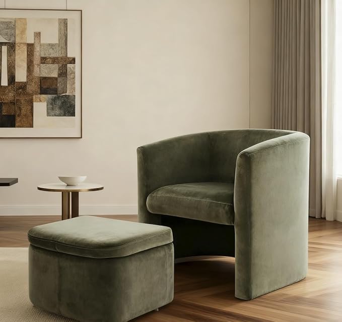 Mid-Century Velvet Living Room Chair Set of 2 with Storage Ottoman, Space-Saving Accent Chairs for Bedroom/Reading Spaces/Office, Green