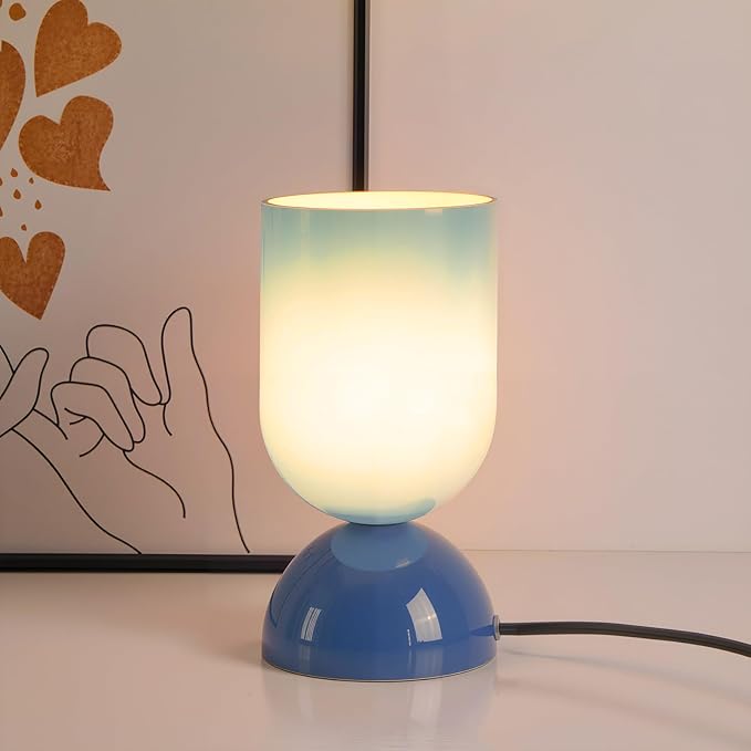 8.9" Modern Glass Table Lamp for Living Room, Dimmable Desk Lamps for Bedroom, UL Listed Nightstand Lamp with Dome Base, End Table Lamps for Home, Side Tables, College Dorm, Office, Glossy Blue