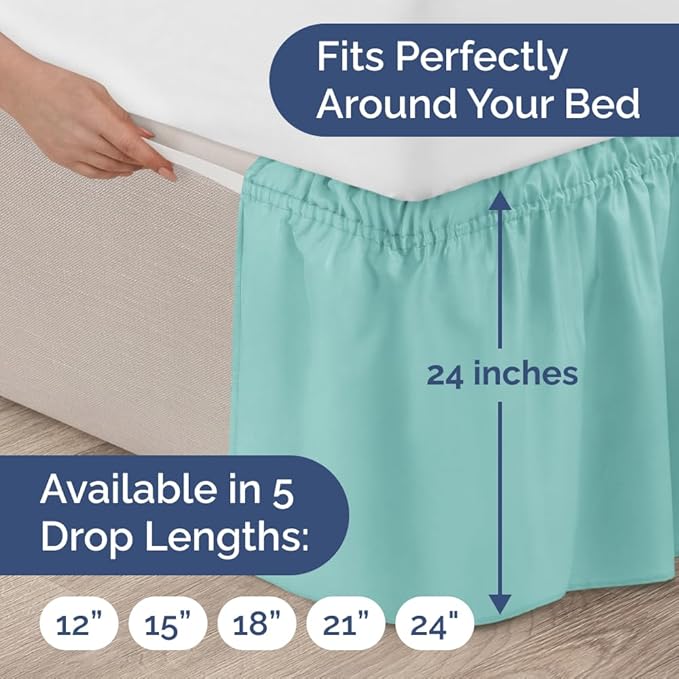 Wrap Around Dust Ruffle Bed Skirt - Spa Blue - Twin/Twin XL Size Beds with 24 Inch Drop - Easy Fit Elastic Strap - Adjustable Pleated Bedskirt w/Brushed Fabric Wrinkle Free - Women, Men, Kids & Teens