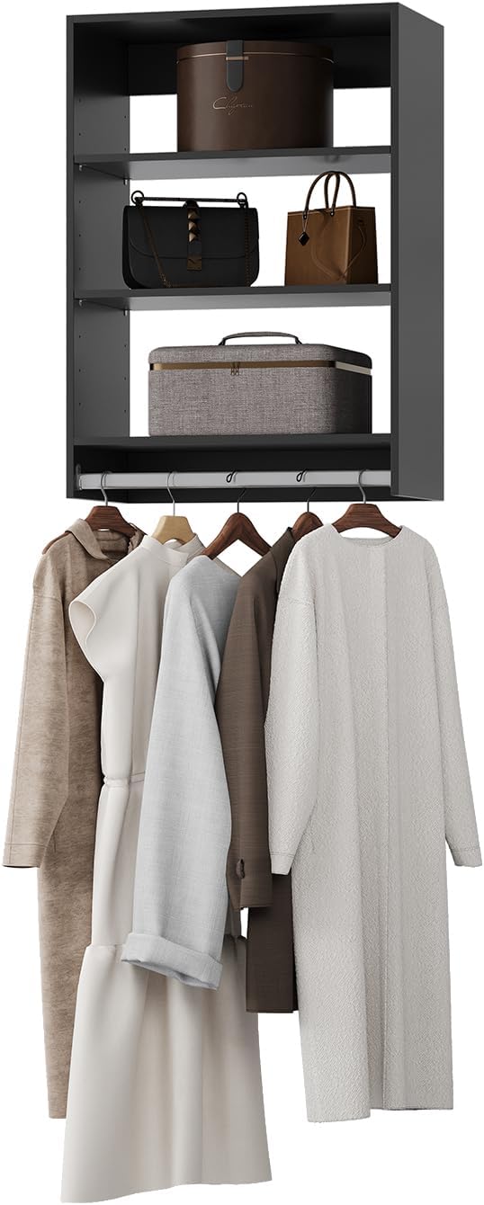 Medium Double Hanging Closet Unit, Modular Closet System, Wood Closet System Organizer with Storage for Walk in Closets, Clothing Rack Closet for Hanging Clothes, Bedroom, Black, 19.5" W
