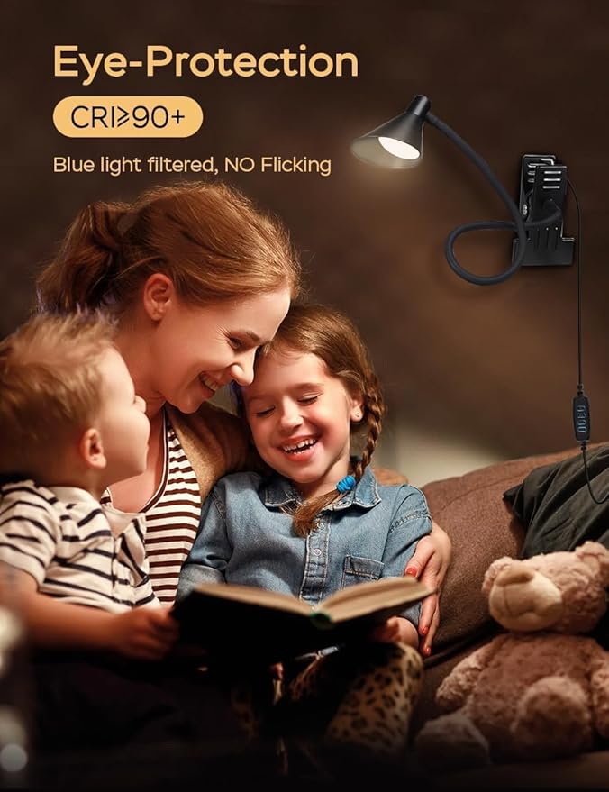Clip on Light USB Reading Light, Eye Care Dimmable Reading Lamp 3 Color & 10 Brightness Levels Flexible Gooseneck Clip on Lamp for Bed Headboard Desk Bedside Dorm - Black
