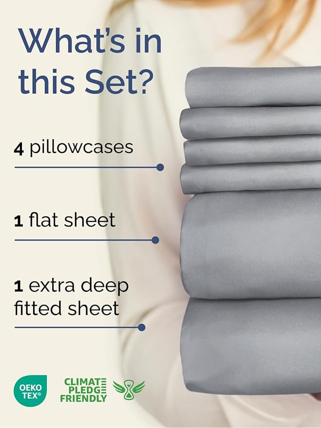 Extra Deep Queen Sheet Set - 6 Piece Breathable & Cooling Sheets - Hotel Luxury Bed Sheets Set - Easy & Secure Fit - Soft, Wrinkle Free & Comfy Sheets Set - Steel Blue Sheet Set w/Extra Deep Pockets