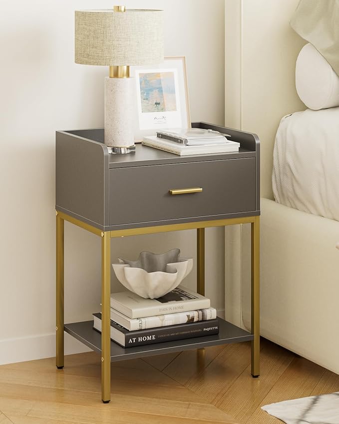 Masupu Gray Nightstand,3-Tier Modern Bedside Table Night Stand with Storage Drawer and Shelf,Small End Side Table for Bedroom,Living Room,(Without Outlet,)