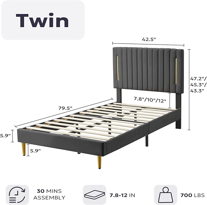 Twin Platform Bed Frame, Velvet Upholstered Bedframe with Vertical Channel Adjustable Headboard, Golden Plating Trim, Mattress Foundation with Wooden Slats, No Box Spring Needed, Grey