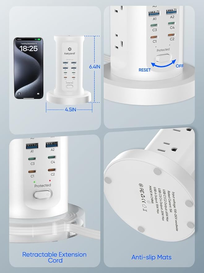 115W USB Charging Station, Surge Protector Power Strip Tower, 9 AC Outlets with 8 USB Ports(4 USB-C), 6Ft Flat Plug Retractable Extension Cord, for Home Office Dorm, White