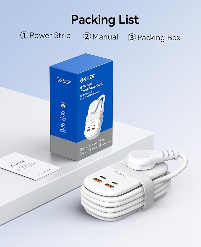 ORICO 65W GaN Travel Power Strip with 7-in-1 Charging Ports (3 AC Outlets/2 USB-A/2 USB-C), Flat Plug and 4FT Extension Cord, Fast Charger for MacBook Pro/Air, iPad Pro, iPhone 17/16/15- AP3