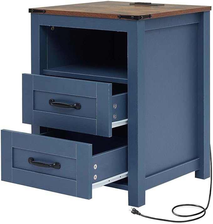 Puntogen Blue Night Stand, Rustic End Table with Charging Station, Farmhouse Tall Nightstand for Bedroom, Drawer Dresser Bedside Table with Open Storage Shelf