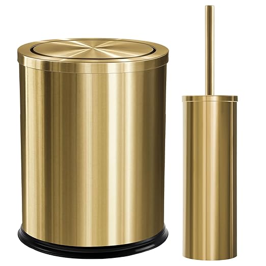 Maxdot 2 Pcs Gold Bathroom Trash Can with Flipping Lid 4 Gallon/15 L and Toilet Brush Set, Large Brushed Stainless Steel Garbage Trash Can Toilet Cleaner Brush Bin for Bathroom Bedroom Office