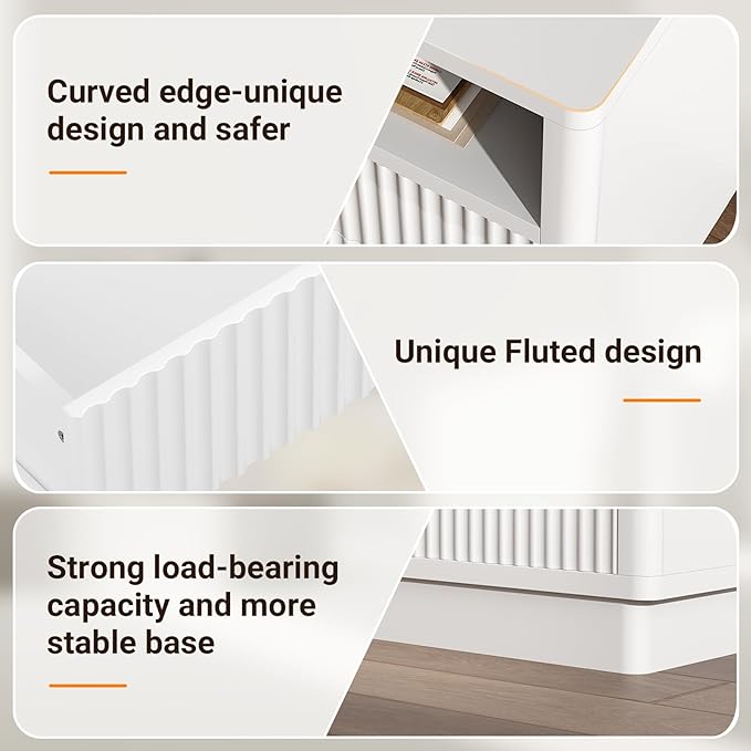 ELYKEN White Nightstand Set of 2 with Charging Station & LED Light, Fluted Bedside Cabinet with 2 Drawers, Wooden End Table with USB & Type-C Port for Bedroom Living Room