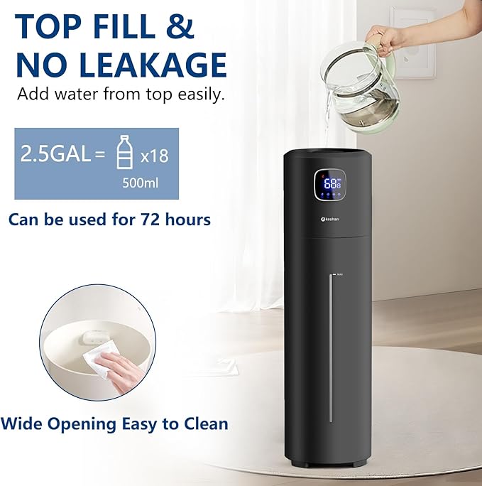 Large Humidifiers for Bedroom, 9L/2.5Gal Ultrasonic Cool Mist, Top Fill Easy Clean with 350ML/H Mist Speed, Quiet, Suitable for Kids Room Plant Yoga Office Study Room Living (Black, Round)