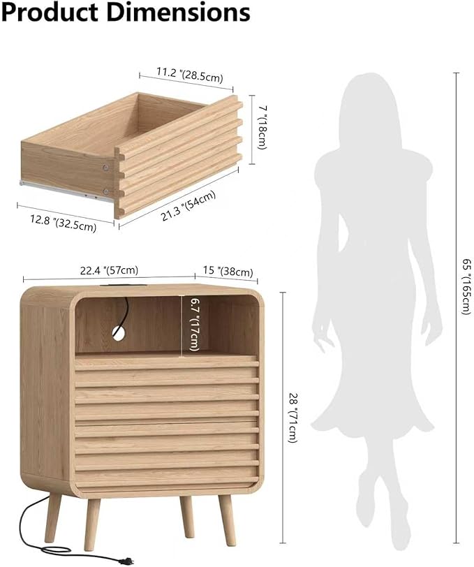 22.4"W Fluted Night Stand with 2 Drawers and Opening Shelf, RGB Nightstand with Charging Station, Wooden Bedside Table with Solid Wood Legs, End Table for Bedroom, Curved Profile Design, Natural Oak