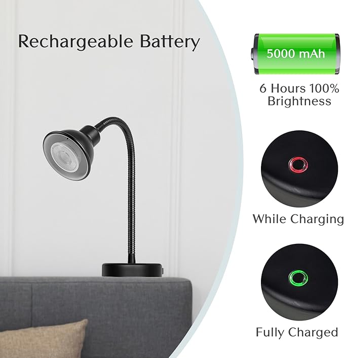 Solfres Innovative Design Rechargeable Headboard Reading Light. No Drilling Book Light for Bedtime Reading. Dimmable LED Lamp with Bulb. Movable & Flexible, Black