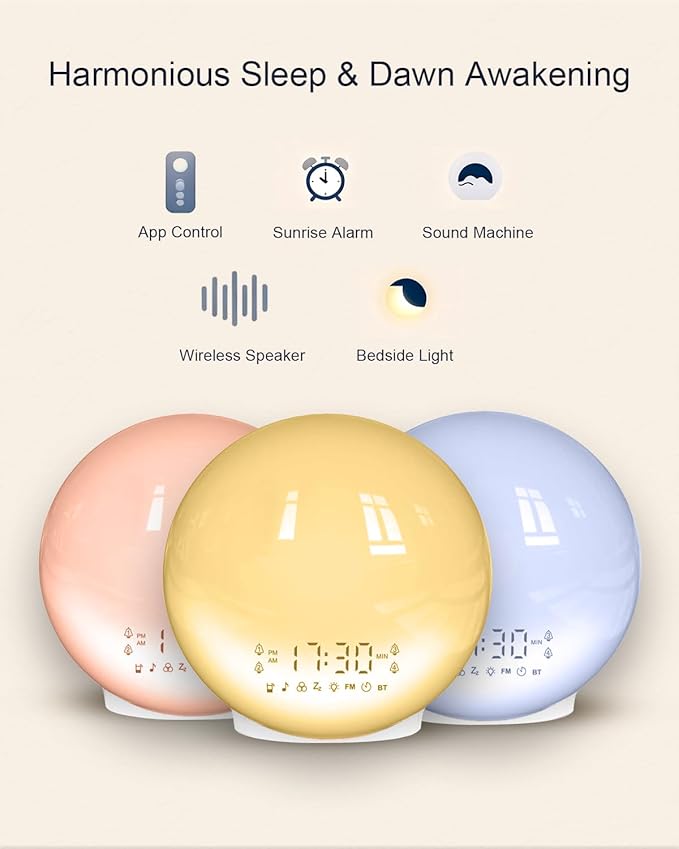 Smart Sunrise Alarm Clock with No Signup APP Control & Wake-Up Light, 4 Alarms, White Noise, FM Radio, Wireless Speaker, White