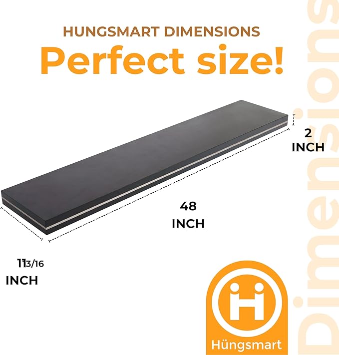 48 inch Floating Shelf x 11.8 Inch Deep, Black Stained Walnut with Stainless Steel Insert Veneer Engineered Wood Shelves for Storage, Wall Mounted Display Shelf for Bathroom Bedroom Kitchen