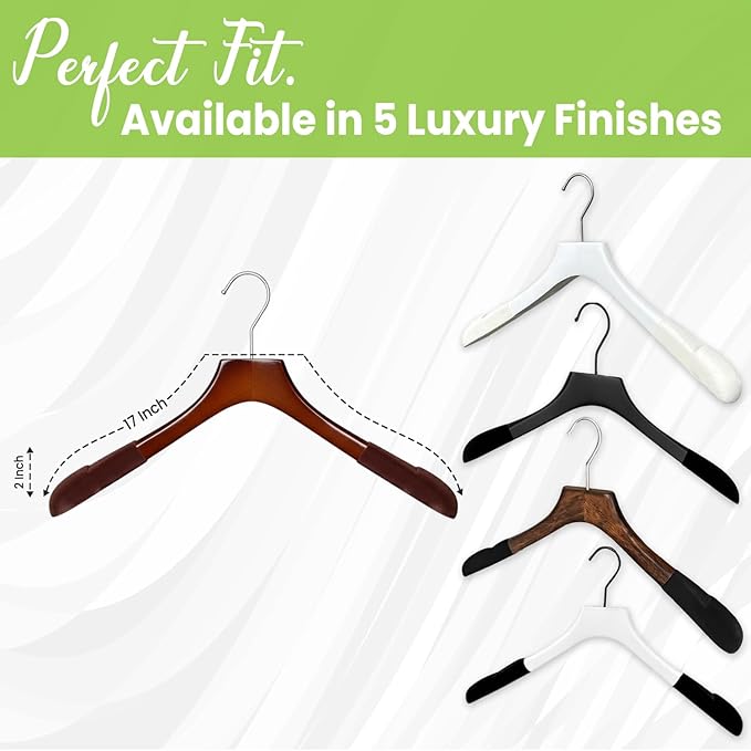 Premium Luxe Wooden Hangers for Women, Wide Shoulder Design for Dresses, Skirts, Sweaters & Blouses, Heavy Duty with Velvet Grip, High Gloss Brown with Brown Velvet, 12 pcs