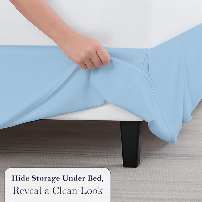 King Bed Skirt, Luxury 15 Inch Drop Light Blue Pleated Bed Skirt, Double Brushed Microfiber, Box Pleat Design, Wrinkle & Fade Resistant, Easy Fit Tailored Bedskirt for King Size Beds