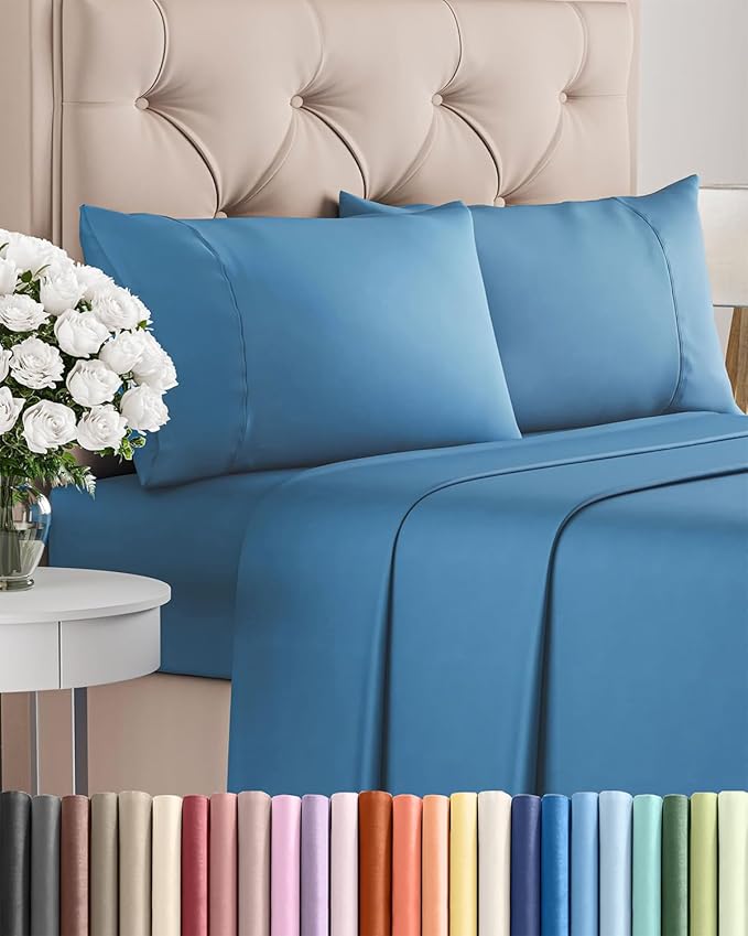 Twin 4 Piece Sheet Set - Cooling, Comfy & Breathable - Hotel Luxury Bedding, Includes Fitted Sheet for Women, Men, Kids & Teens - 1 Flat, 1 Fitted Sheet, 2 Pillowcases with Deep Pockets - Denim Blue