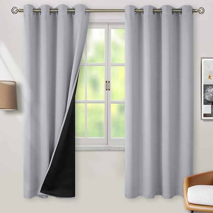 BGment Thermal Insulated 100% Blackout Curtains for Bedroom with Black Liner, Double Layer Full Room Darkening Noise Reducing Grommet Curtain (55 x 69 Inch, Light Grey, 2 Panels)