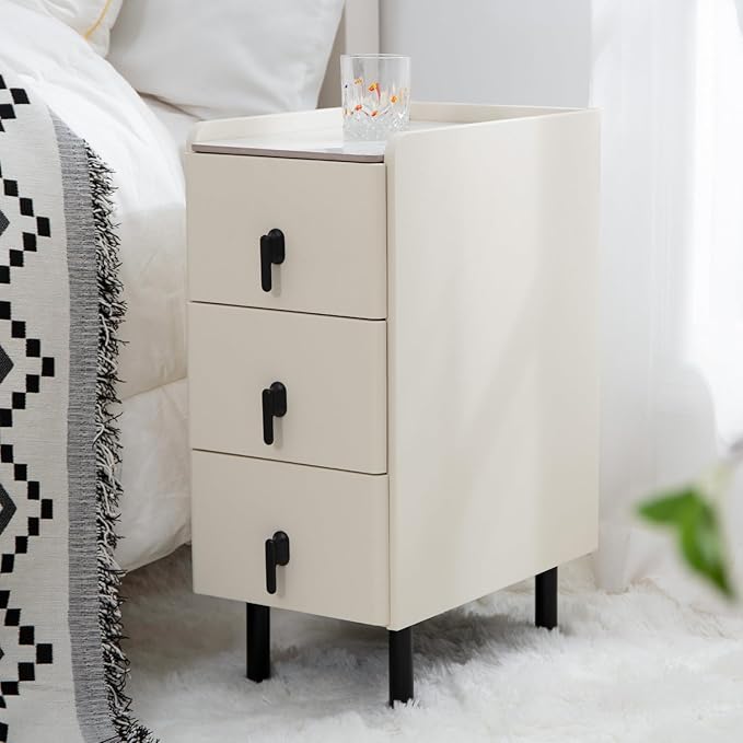 Lamberia Narrow Nightstand with 3 Drawers, Narrow Side Table, Small Bedside Table for Bedroom, Living Room, End Table for Small Space, Cream White，9.8''W x 15.8" D x 23.5" H