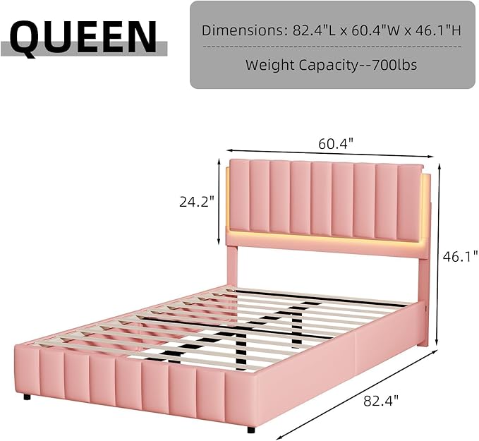 Pink Queen Bed Frame with Headboard and LED Lights, Modern Upholstered Faux Leather Platform Bed with Wooden Slats Support, No Box Spring Needed, Easy Assembly, Pink