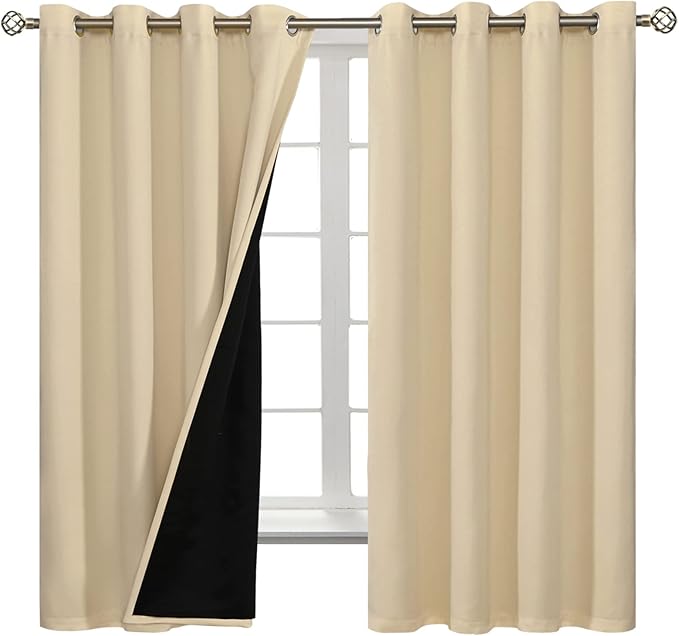 BGment Thermal Insulated 100% Blackout Curtains for Bedroom with Black Liner, Double Layer Full Room Darkening Noise Reducing Grommet Curtain (52 x 63 Inch, Natural, 2 Panels)
