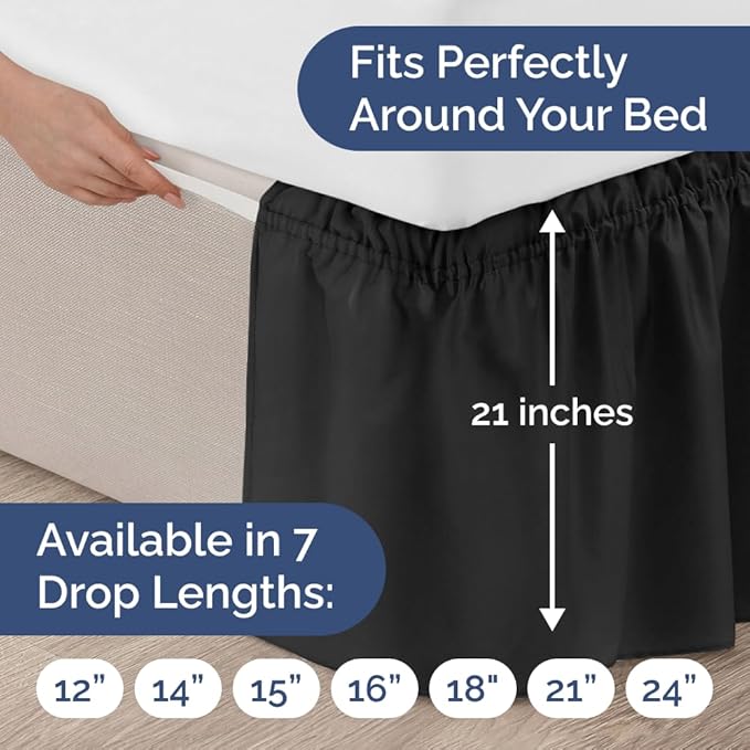 Wrap Around Dust Ruffle Bed Skirt - Black - for King Size Beds with 21 Inch Drop - Easy Fit Elastic Strap - Adjustable Pleated Bedskirt w/Brushed Fabric - Wrinkle Free - for Women, Men, Kids & Teens