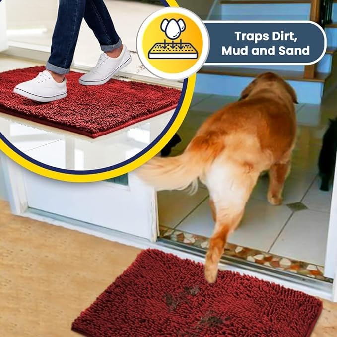 Muddy Mat® | Super Absorbent Door Mat Indoor, Microfiber Quick Dry Chenille Entryway Rug, Non-Slip Front Door Mat, Indoor Mats for Entryway, Machine Washable Pet Rug, Red 59"x24"