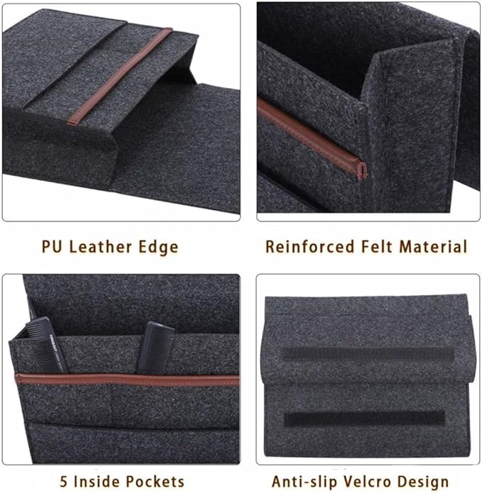 Bedside Caddy for Dorm and Bed Storage - Black Felt Organizer with 5 Pockets for Book, Phone, Tablet, iPad and Remote Holder