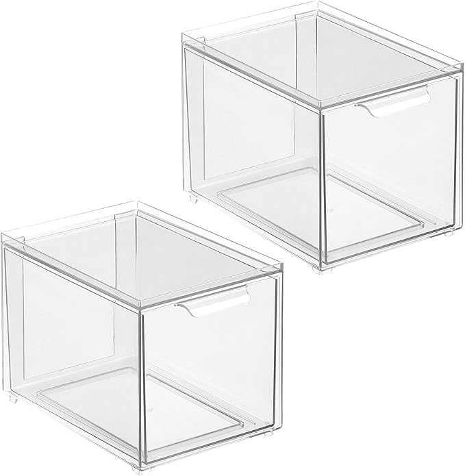 mDesign Plastic Closet Organizer Bin w/Pull Out Drawer - Slim Stackable Storage for Closet - Organization for Accessories, Bags, Totes, Small Linens, and More - Lumiere Collection - 2 Pack - Clear