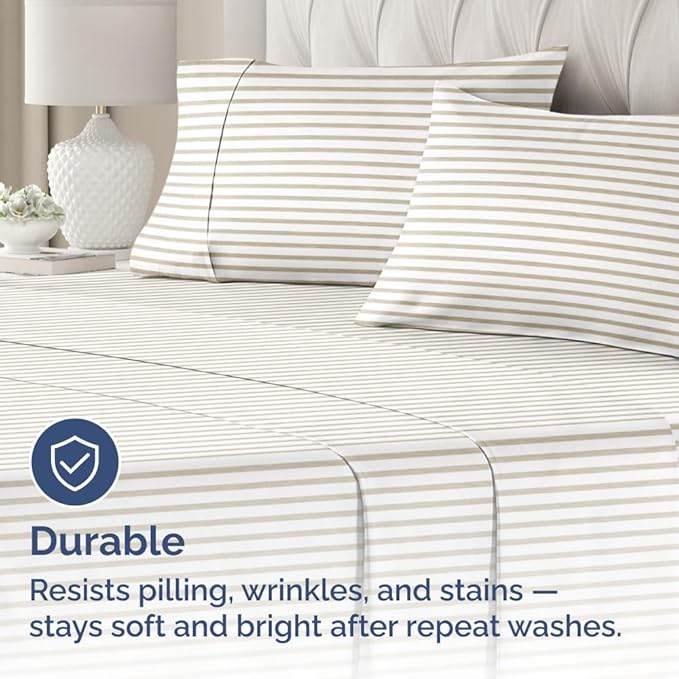 King Pillow Cases Set of 4 - Ultra Soft Hotel Quality Pillowcase Covers - Comfy, Cozy & Wrinkle Free - Shrinkage and Fade Resistant - Machine Washable Pillow Protectors - 4 Piece Set - Beige Stripes 2