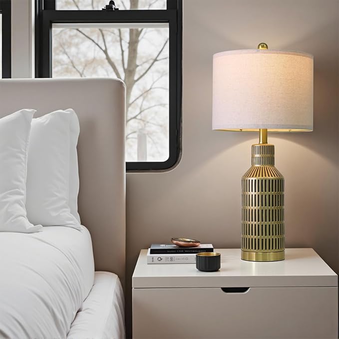 25" Gold and Black Modern Ceramic Bedside Lamp Set of 2 for Bedroom Decor Farmhouse Table Lamp for Living Room Office Dorm