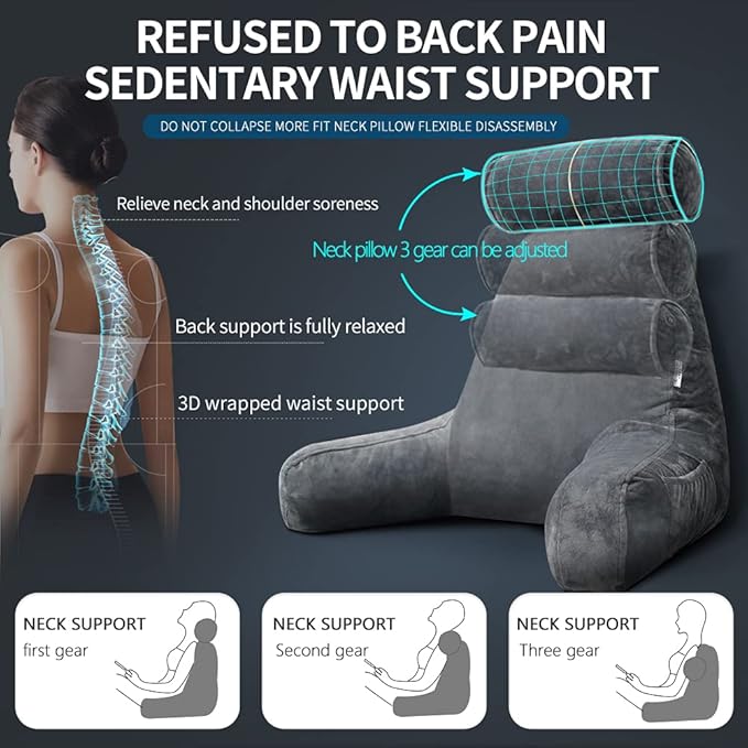 mittaGonG Extra Large Reading Pillow for Sitting in Bed Adult with Detachable Neck Support Cushion & Backrest Pillow for Bed with Arms and Side Pocket Shredded Foam Back Pillow with Washable Cover