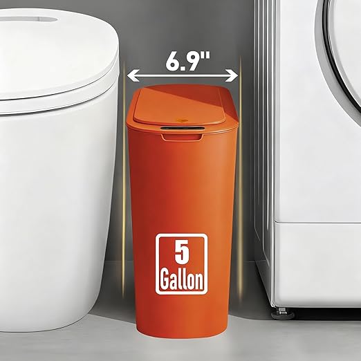 TIPGO 5 Gallon Motion Senor Bathroom Trash Can with Lid, Automatic Garbage Can Touchless, Smart Plastic Waste Basket for Narrow Spaces, Bathroom, Office, Bedroom, Living Room (Orange)