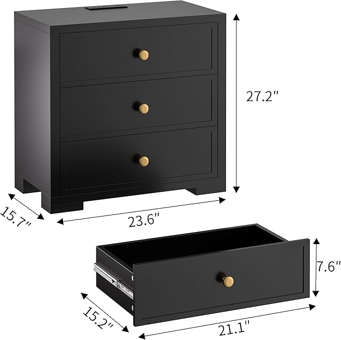COWMOU Nightstand with Drawers 3 Drawer Night Stand with Charging Station Farmhouse Style Large Bed Side Table for Bedroom Living Room (1, Black)