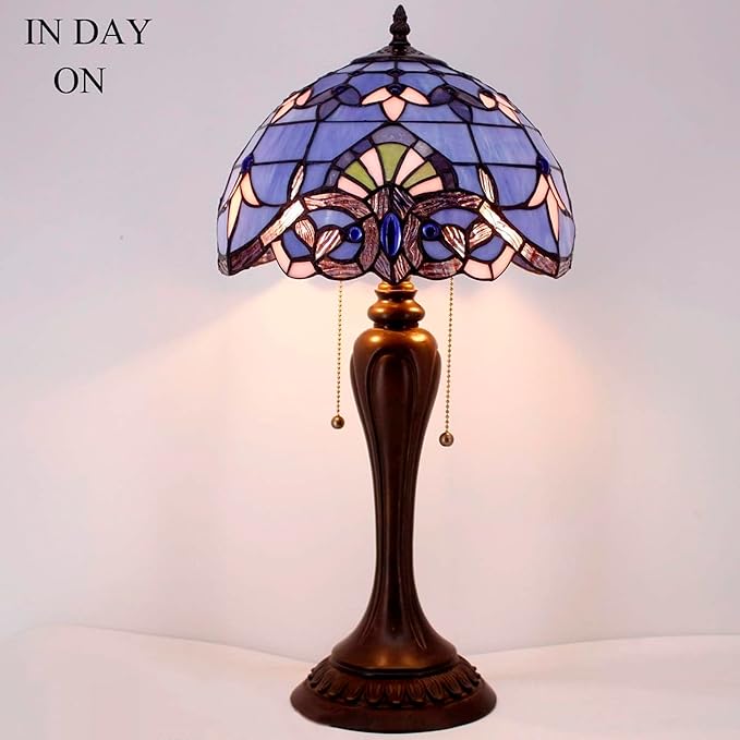 WERFACTORY Tiffany Lamp Stained Glass Table Bedside Lamp 12X12X22 Inches Blue Purple Baroque Style Lavender Reading Desk Light Decor Bedroom Living Room Home Office S003C Series