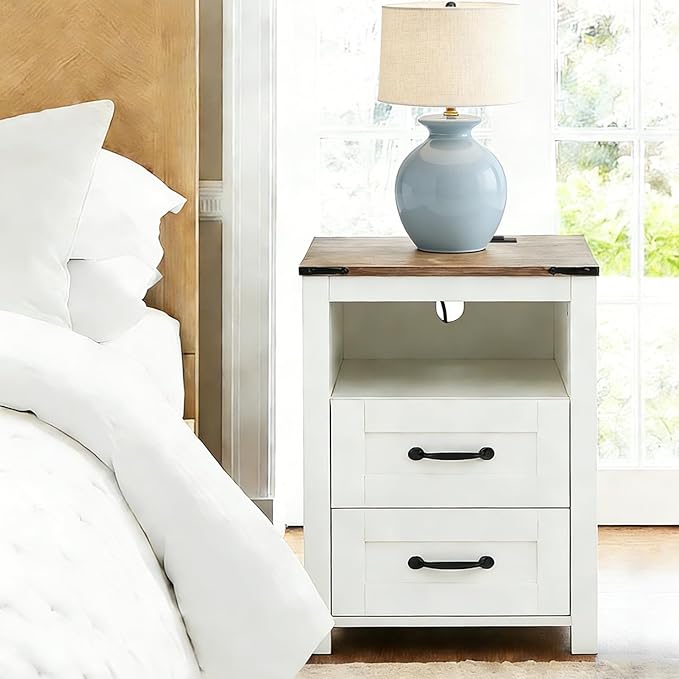 Puntogen White Night Stand Set of 2, Rustic End Table with Charging Station, Farmhouse Tall Nightstand for Bedroom, Drawer Dresser Bedside Table with Open Storage Shelf